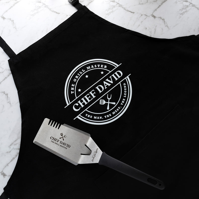 Personalised BBQ hamper with a custom printed apron and engraved stainless steel BBQ Mate gift set for Father's Day.