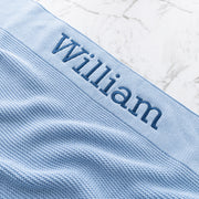 Soft blue cotton baby blanket personalised for newborn