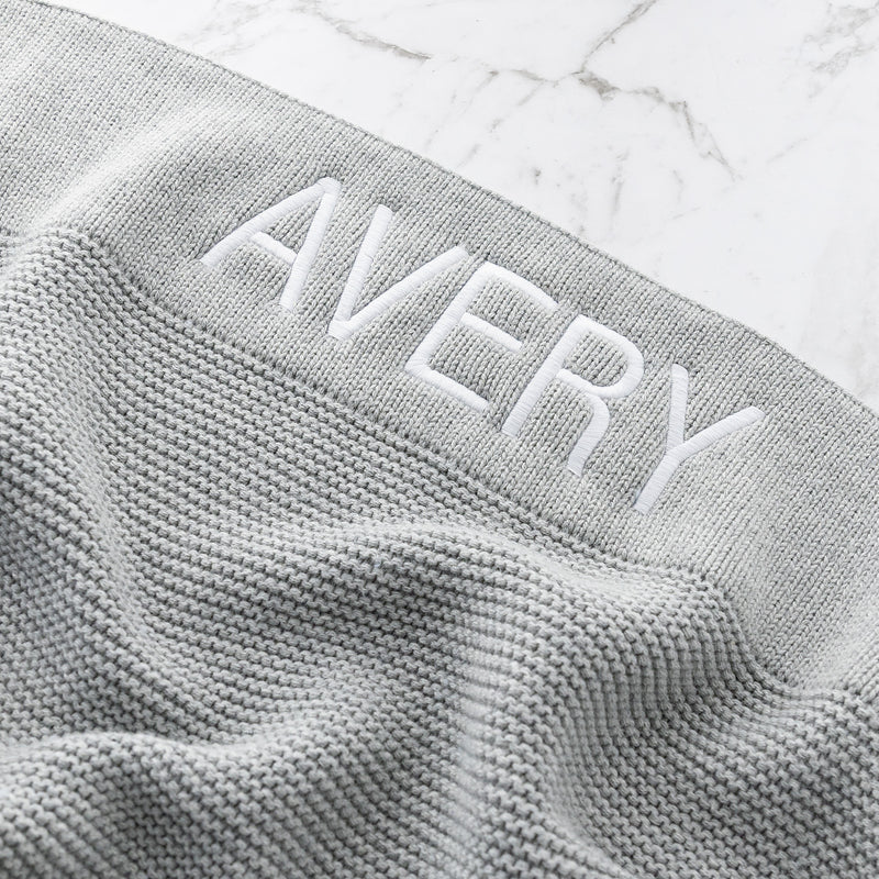 Unisex grey cotton baby blanket personalised for newborn