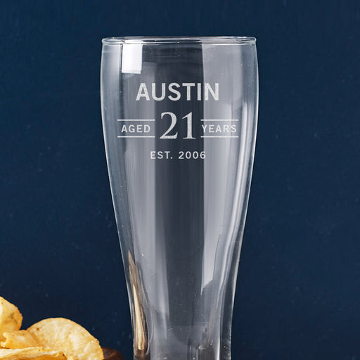 Personalised 425ml beer glass, unique gift for celebrating a 21st birthday milestone