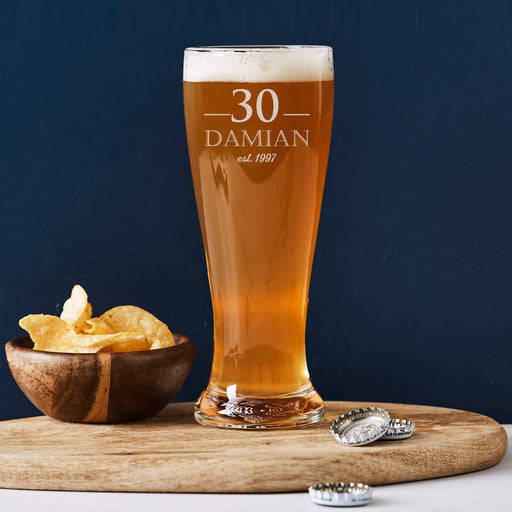 Personalised 30th Birthday Beer Glass – Custom Engraved 425ml Glass for Beer Lovers