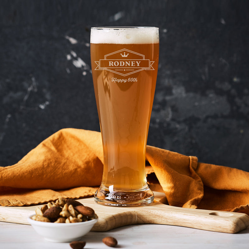 Personalised 60th birthday beer glass 425ml with custom engraving