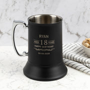 Personalised metal beer mug engraved for 18th birthday with matte black finish