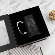 Personalised black metal beer mug with milestone birthday design presented in a premium black gift box