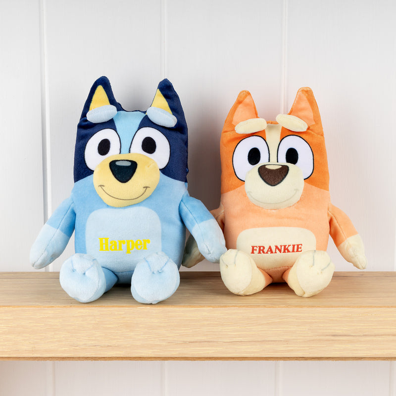 Personalised plush toy with custom name, perfect for Bluey fans
