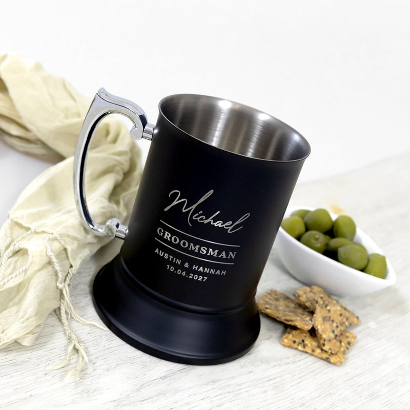 Personalised matte black beer mug for groomsmen with engraved wedding role