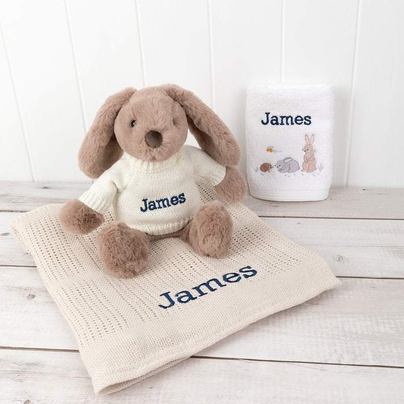 Embroidered plush bunny toy in knitted jumper for newborn gift