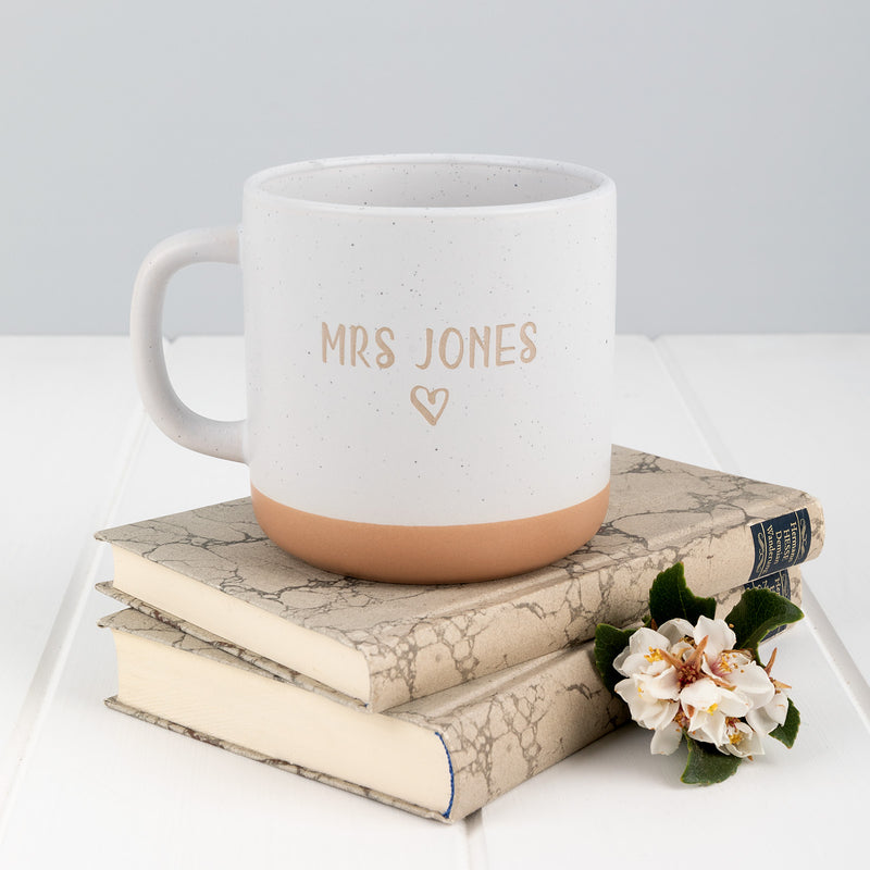 Personalised ceramic teacher mug with rustic stoneware look – end of year gift.