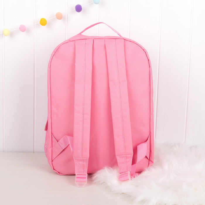 Back view of pink children’s backpack showing padded adjustable shoulder straps.