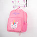 Pink personalised kids backpack with embroidered child's name and smiling unicorn face print.