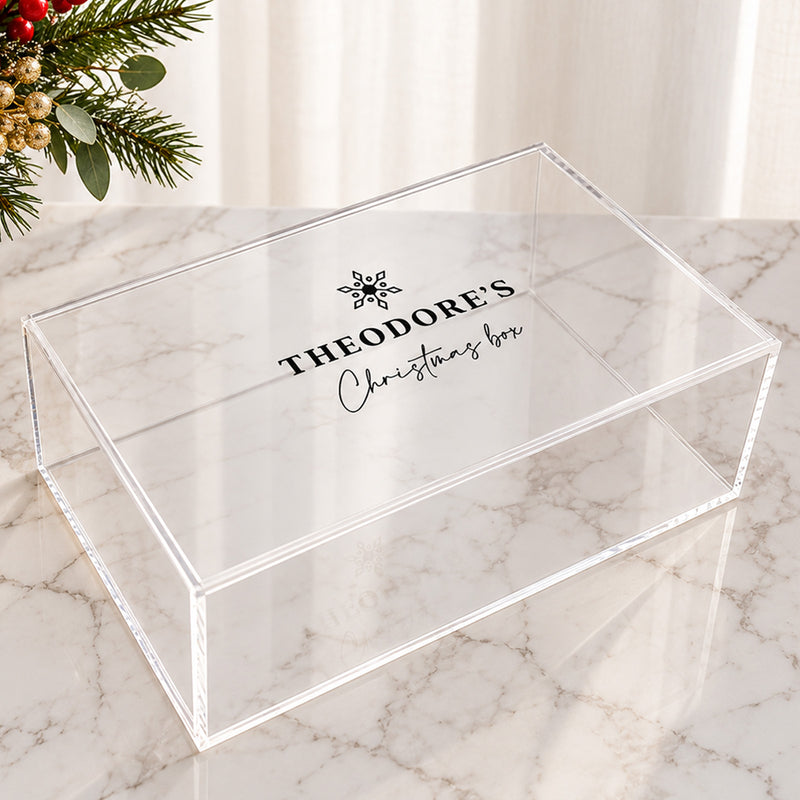 Reusable personalised Christmas Eve box made from clear acrylic