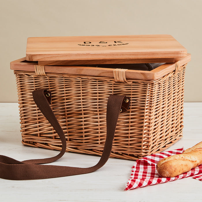 Personalised picnic basket cooler with engraved wooden lid gift idea.