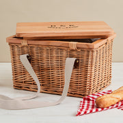 Personalised cooler picnic basket with engraved wooden lid and insulated interior