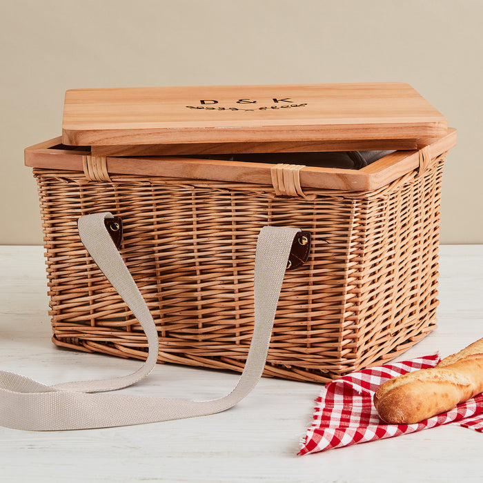 Personalised cooler picnic basket with engraved wooden lid and insulated interior