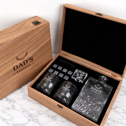 Personalised Father’s Day whiskey decanter set with engraved walnut gift box, two glasses and whiskey stones