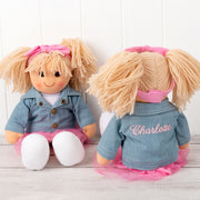 Personalised Lottie rag doll wearing pink tulle skirt and denim jacket embroidered with child’s name