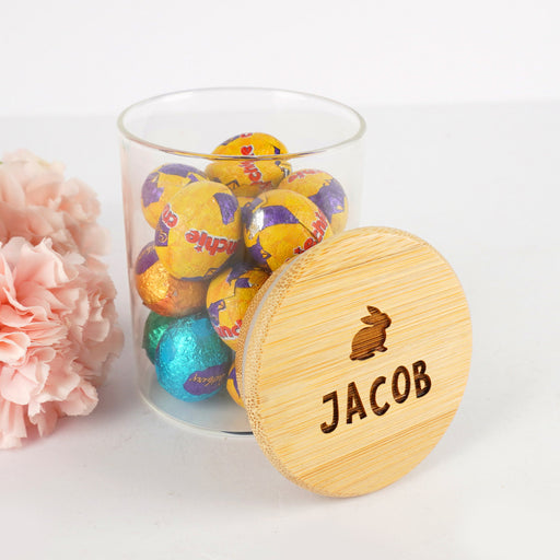 Personalised 190ml Wooden Lid Easter Jar, perfect gift for friends, family, teachers, or classmates.