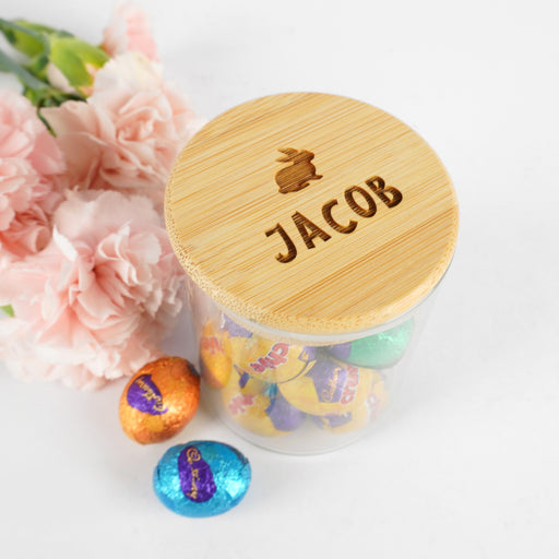 Small 190ml glass jar for Easter treats with custom laser engraving.