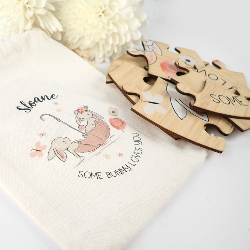 Personalised Bamboo Easter Egg Puzzle with Printed Calico Bag