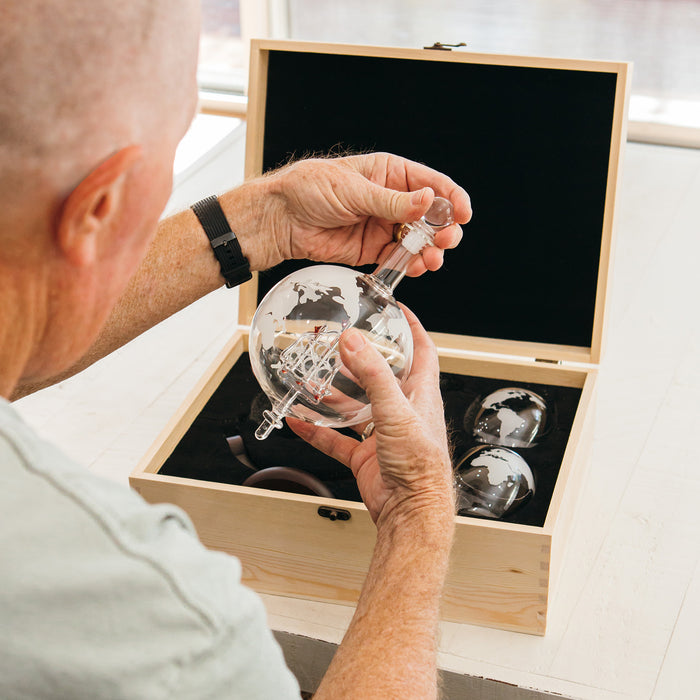 Personalised globe whiskey decanter set with engraved wooden gift box