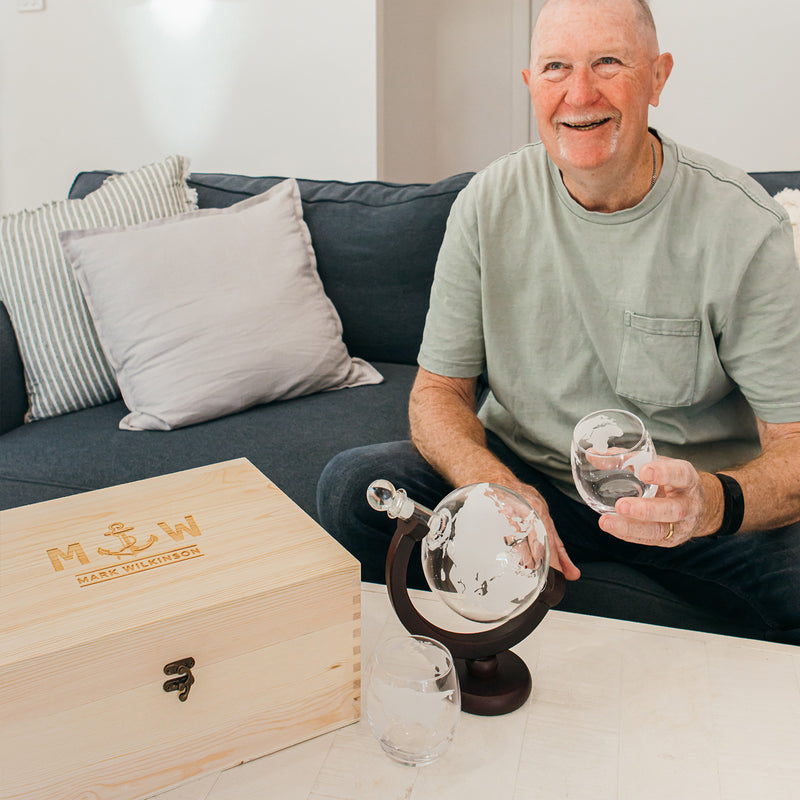 Unique engraved gift for whiskey lovers with globe-shaped decanter