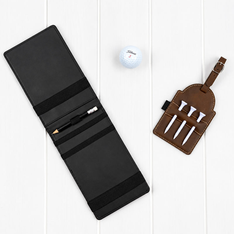 Personalised golf gift set with gold engraved tee tag and score card holder, perfect for birthdays, Father’s Day and golf lovers.