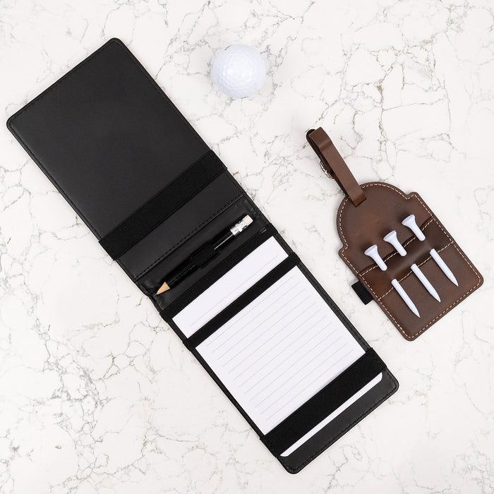 Personalised golf accessories gift set with metallic gold engraving and pencil