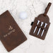 Custom golf client gift featuring engraved score card holder and tee tag in leatherette