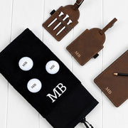 Personalised golf gift for Dad with monogrammed golf balls, leatherette score card holder, tee tag and black golf towel