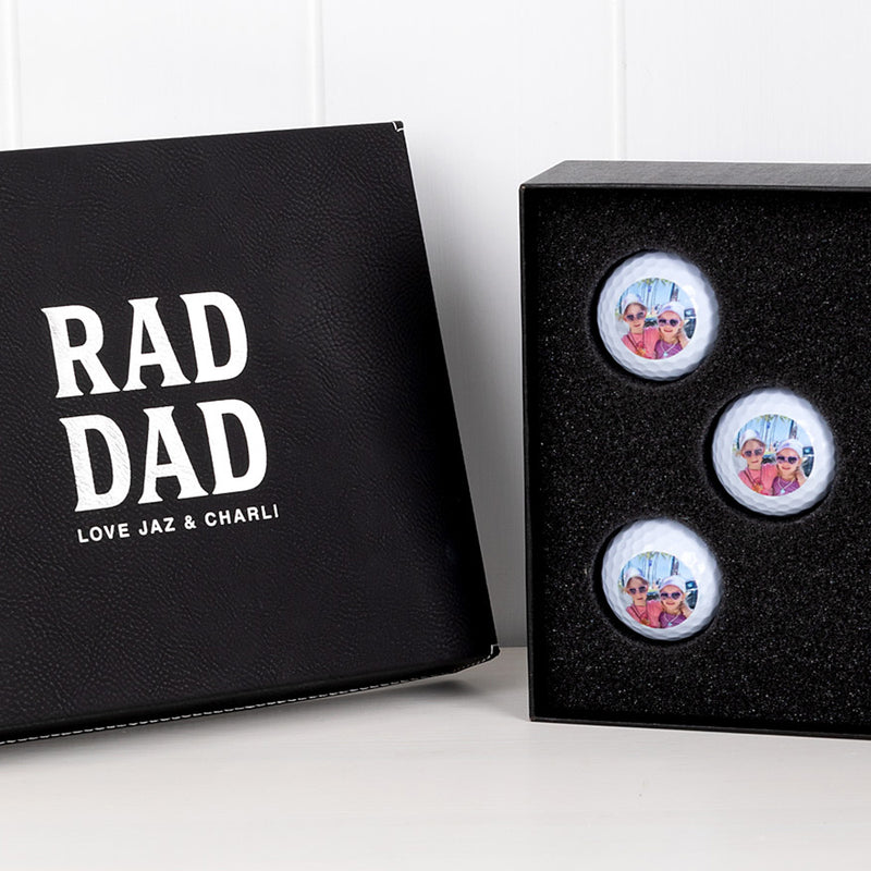 Father’s Day golf set with photo golf balls, tees, and ball marker in engraved keepsake box
