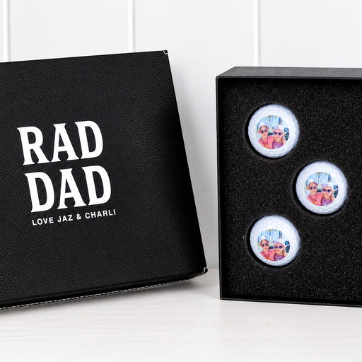 Personalised golf gift box with photo golf balls and engraved message, a unique Father’s Day gift for Dad, Grandpa or Poppy.