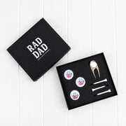 Engraved golf gift set featuring personalised photo golf balls, golf tees and ball marker presented in a black leatherette keepsake box.