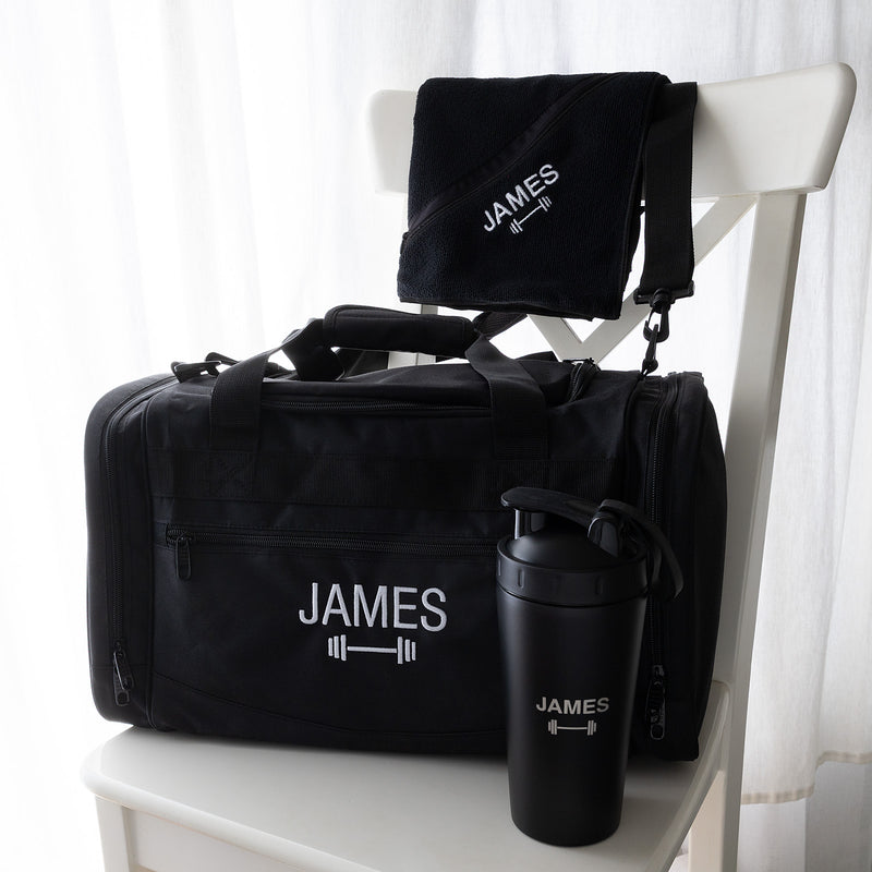 Personalised gym hamper with embroidered sports bag, engraved protein shaker and matching microfibre gym towel with name or initials.