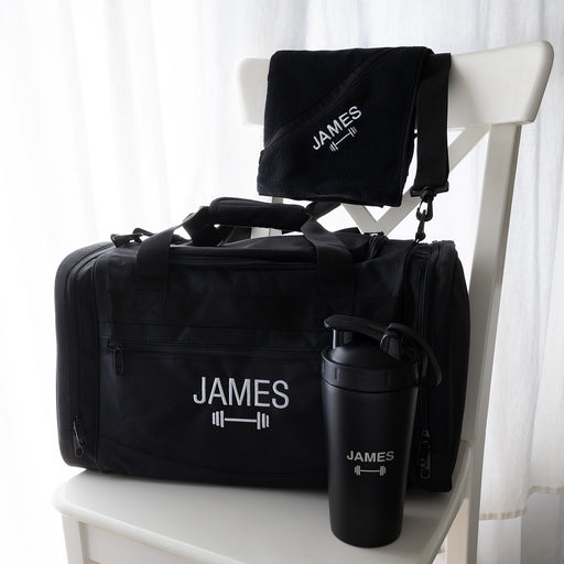 Personalised gym hamper with embroidered sports bag, engraved protein shaker and matching microfibre gym towel with name or initials.