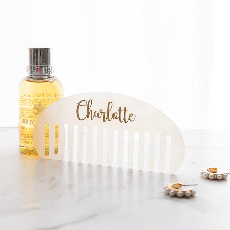 Personalised white opal hair comb with gold in-fill engraving