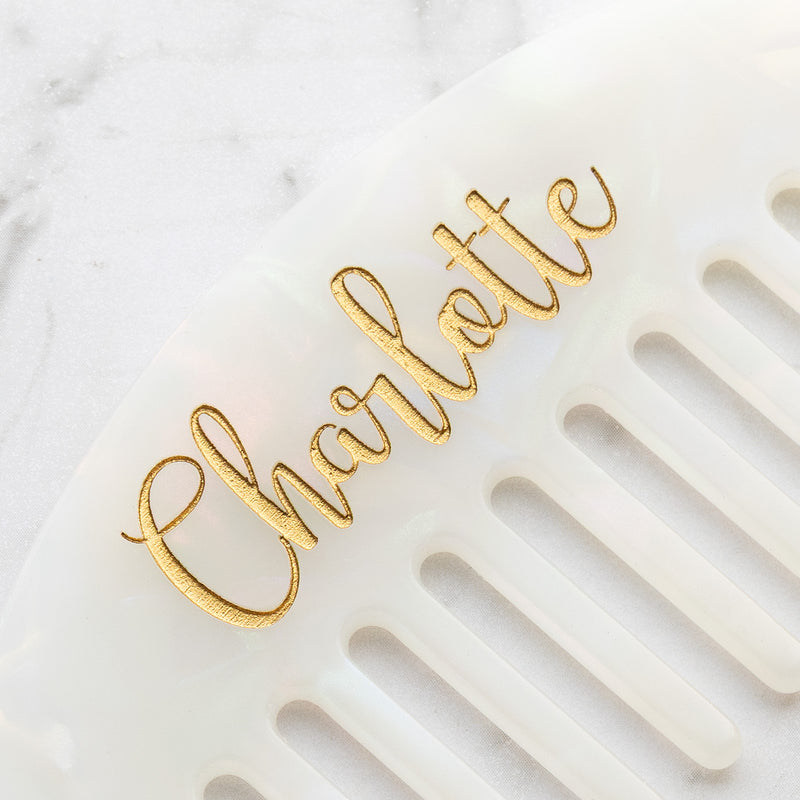 Engraved acetate wide tooth hair comb gold lettering detail