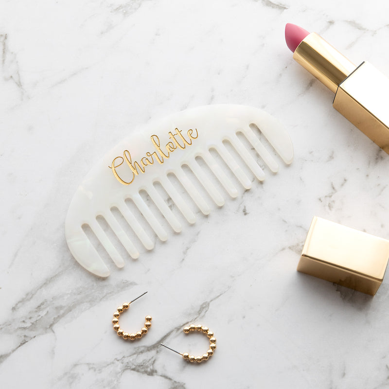 Custom name hair comb white opal finish with gold in-fill