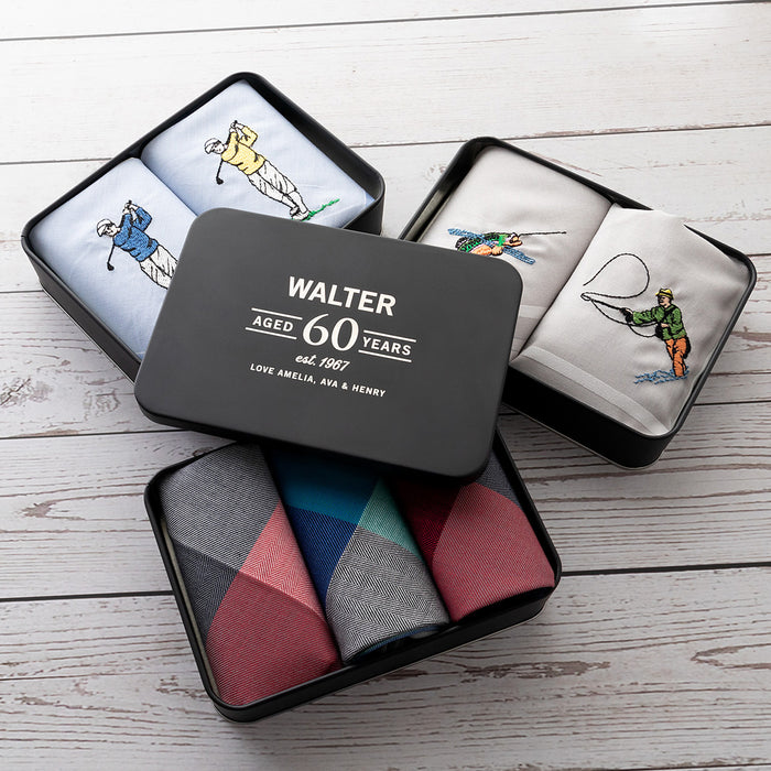 Personalised black hanky tin gift set with fishing handkerchief