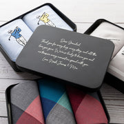 Personalised black tin gift set with golf, fishing and plaid handkerchiefs for Father’s Day