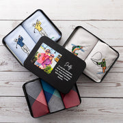 Personalised Father’s Day tin with photo and message, featuring golf, fishing and plaid handkerchiefs