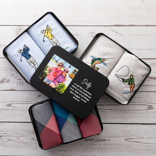 Personalised Father’s Day tin with photo and message, featuring golf, fishing and plaid handkerchiefs