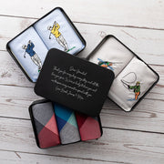 Engraved Father’s Day tin with assorted handkerchief designs including golf, fishing and plaid.