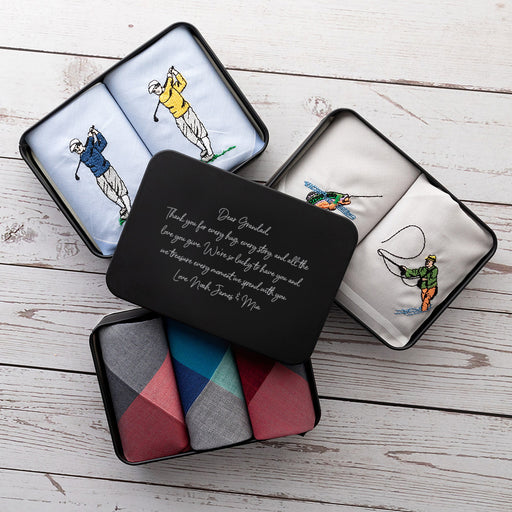 Engraved Father’s Day tin with assorted handkerchief designs including golf, fishing and plaid.