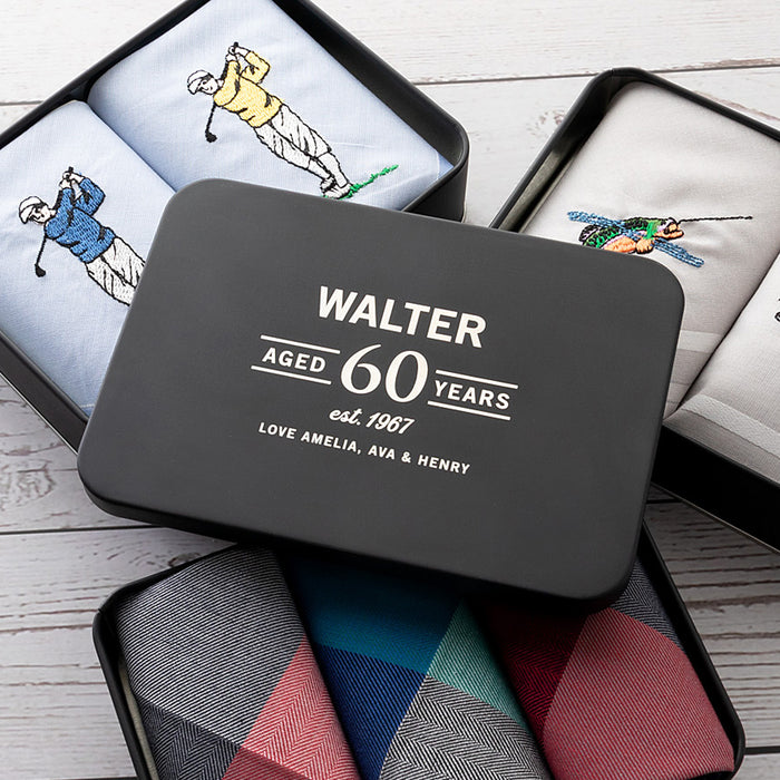 Engraved birthday tin with golf or plaid handkerchief for men