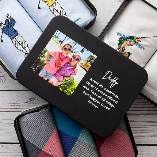 Custom photo gift tin with assorted handkerchiefs for Father’s Day