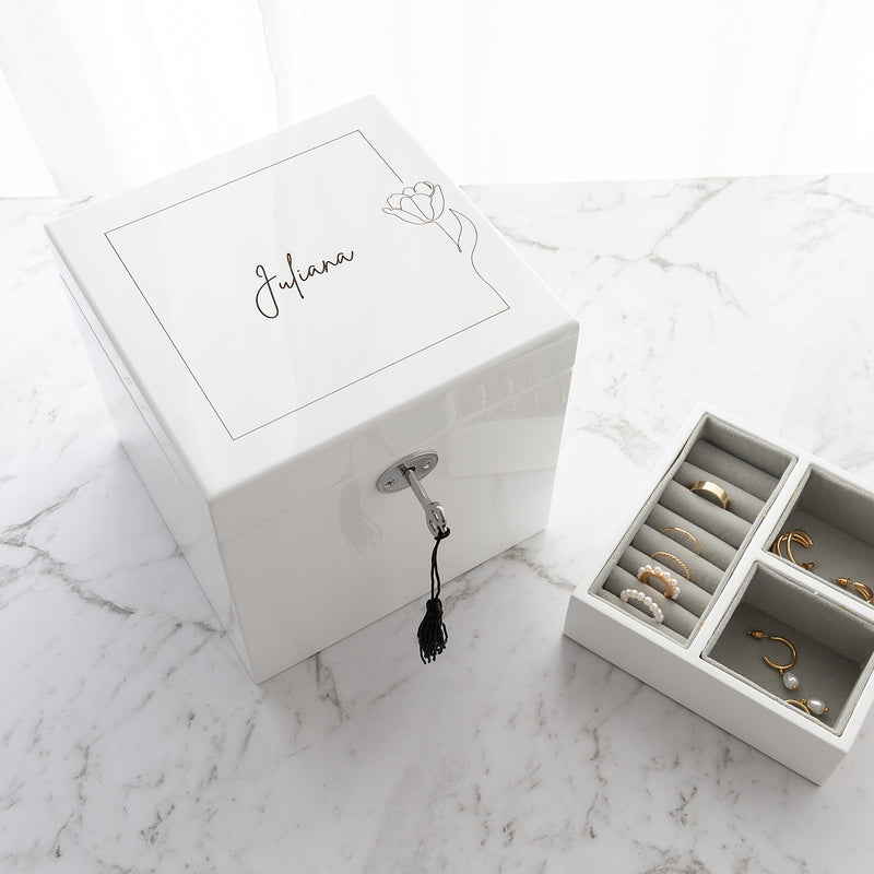 Personalised white gloss jewellery box with engraved lid and key lock, multi-layer storage and grey velour lining