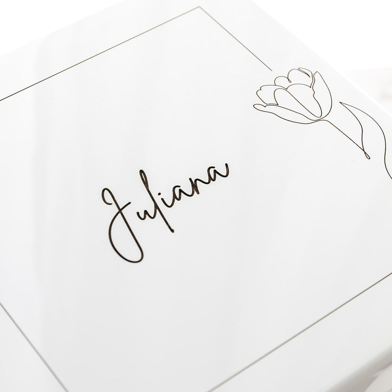 Deluxe personalised jewellery box with custom message engraving, soft velour compartments and secure key closure