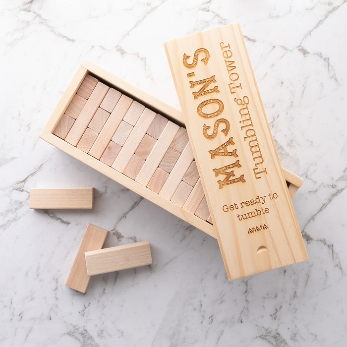 Personalised kids’ tumbling tower game with engraved wooden storage box