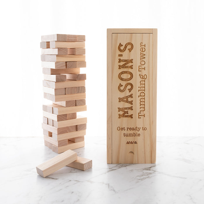 Engraved birthday gift tumbling tower set with 48 natural wooden blocks