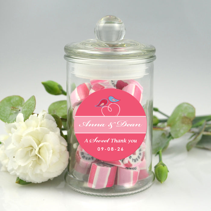 French tipped lid lolly jars with a Personalised Round wedding sticker.